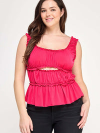 Plus Size Ruffled Tank With Cut Out in bright pink with ruffled details and a cut-out below the bust.
