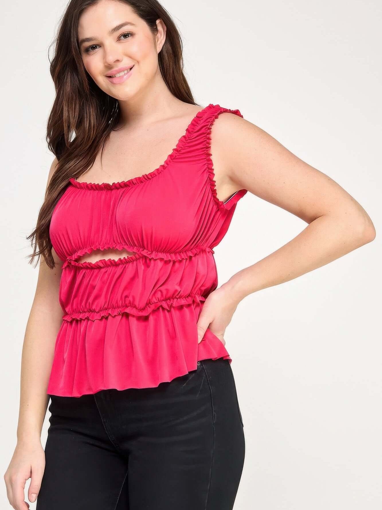 Plus Size Ruffled Tank With Cut Out in vibrant pink, featuring ruffles, cut-out detail, and elastic shirring.