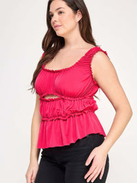 Plus Size Ruffled Tank With Cut Out in vibrant pink, featuring ruffled details and cut-out design for a flattering fit.