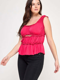 Plus Size Ruffled Tank With Cut Out in bright pink color with playful ruffles and cut-out detail above the waist.