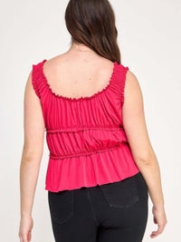 Plus Size Ruffled Tank With Cut Out - Back view showcasing the vibrant pink ruffles and flattering design.