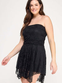Plus Size Ots Lace Overlay Assym Dress on a model with off-the-shoulder design and asymmetrical hem.