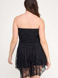 Back view of Plus Size Ots Lace Overlay Assym Dress showcasing the lace design and asymmetrical hem.