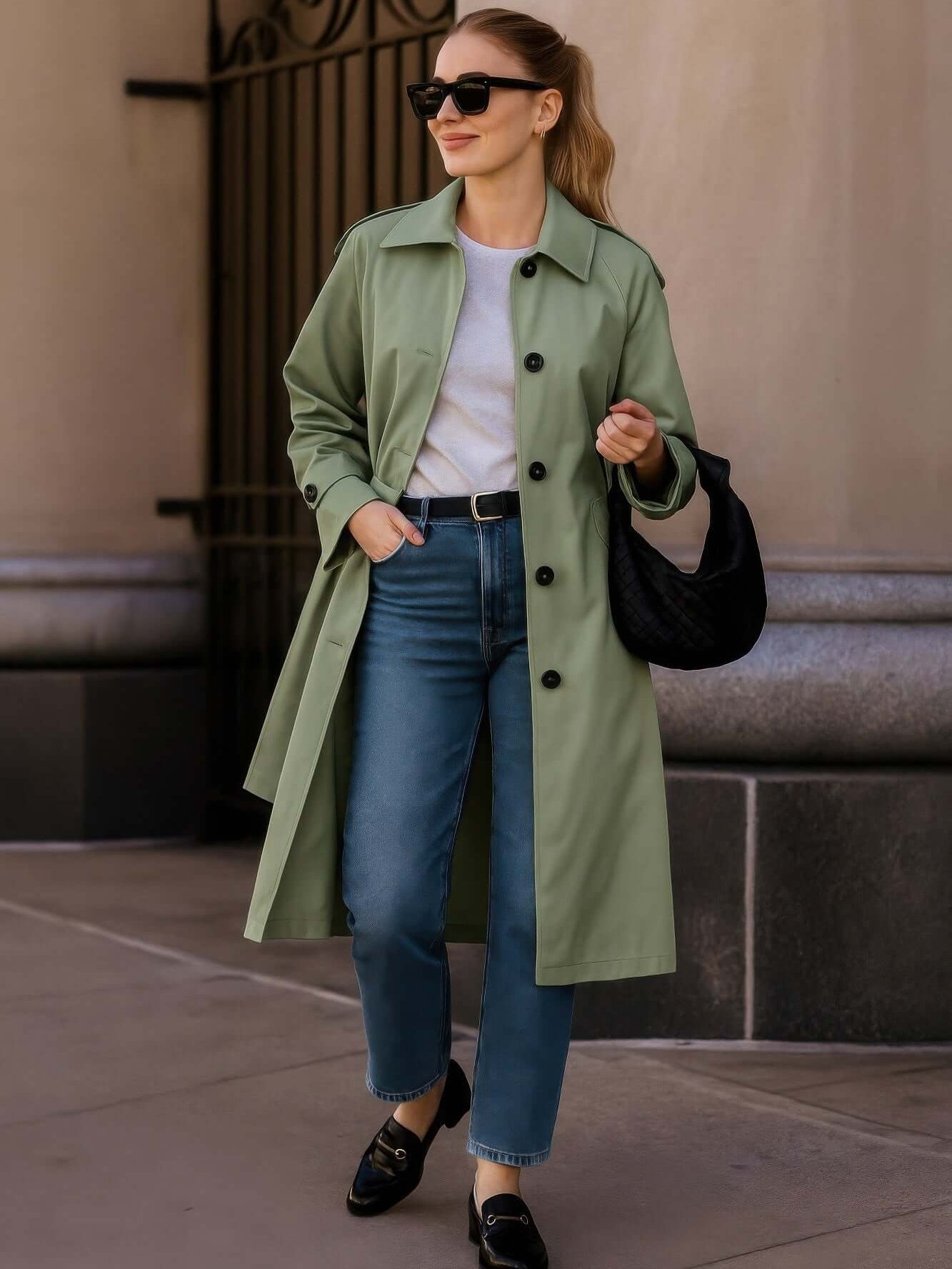 Fashionable woman wearing a Solid Long Sleeve Trench Coat Woman Lined with sunglasses and a handbag.