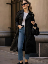 Solid Long Sleeve Trench Coat Woman Lined worn with stylish jeans and accessories, perfect for a modern look.