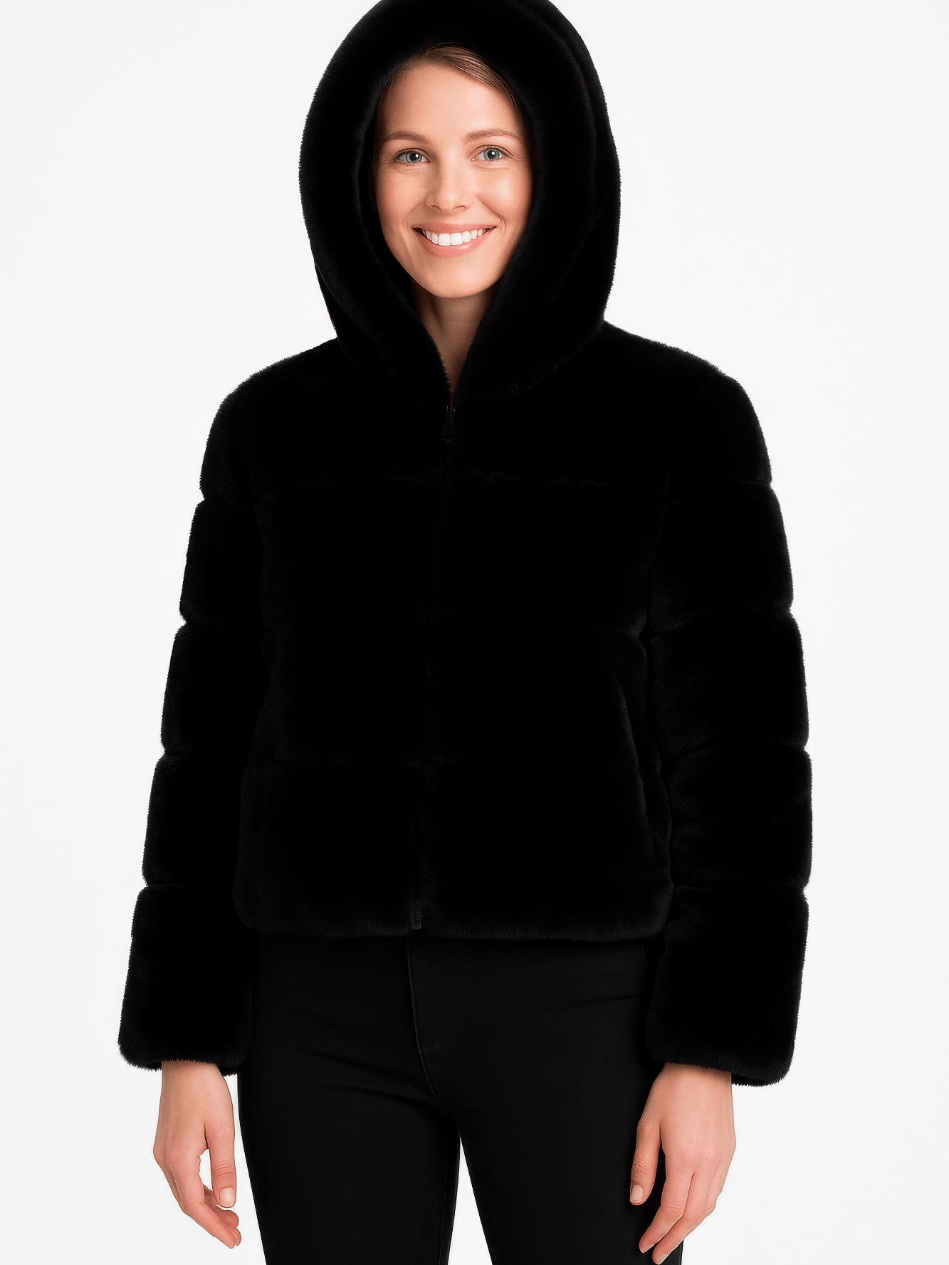 Faux Fur Hooded Jacket in black, featuring a zip-up front and cozy hood for warmth and style.