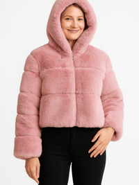 Faux Fur Hooded Jacket in soft pink color, featuring plush texture and zip-up front, perfect for cozy winter style.