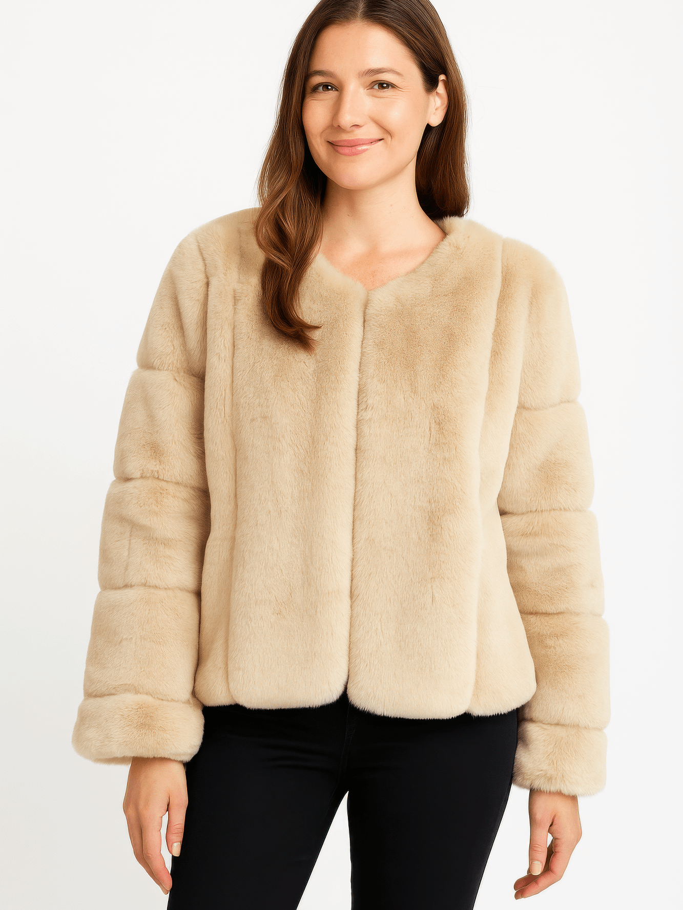 Faux Fur Trim Cape in a stylish, warm beige hue, perfect for layering over casual and formal outfits.