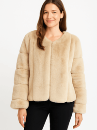 Faux Fur Trim Cape in a stylish, warm beige hue, perfect for layering over casual and formal outfits.