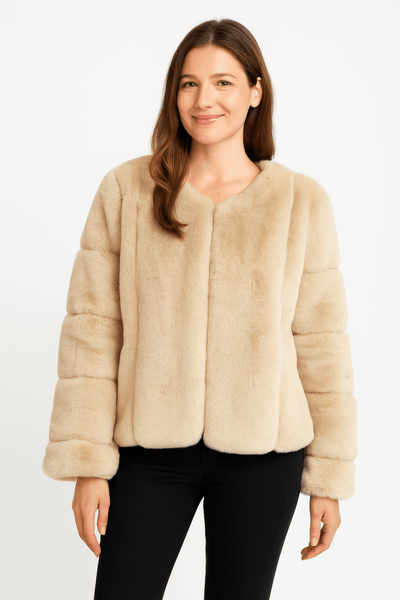Faux Fur Trim Cape in a stylish, warm beige hue, perfect for layering over casual and formal outfits.