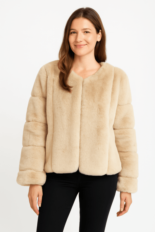 Faux Fur Trim Cape in a stylish, warm beige hue, perfect for layering over casual and formal outfits.