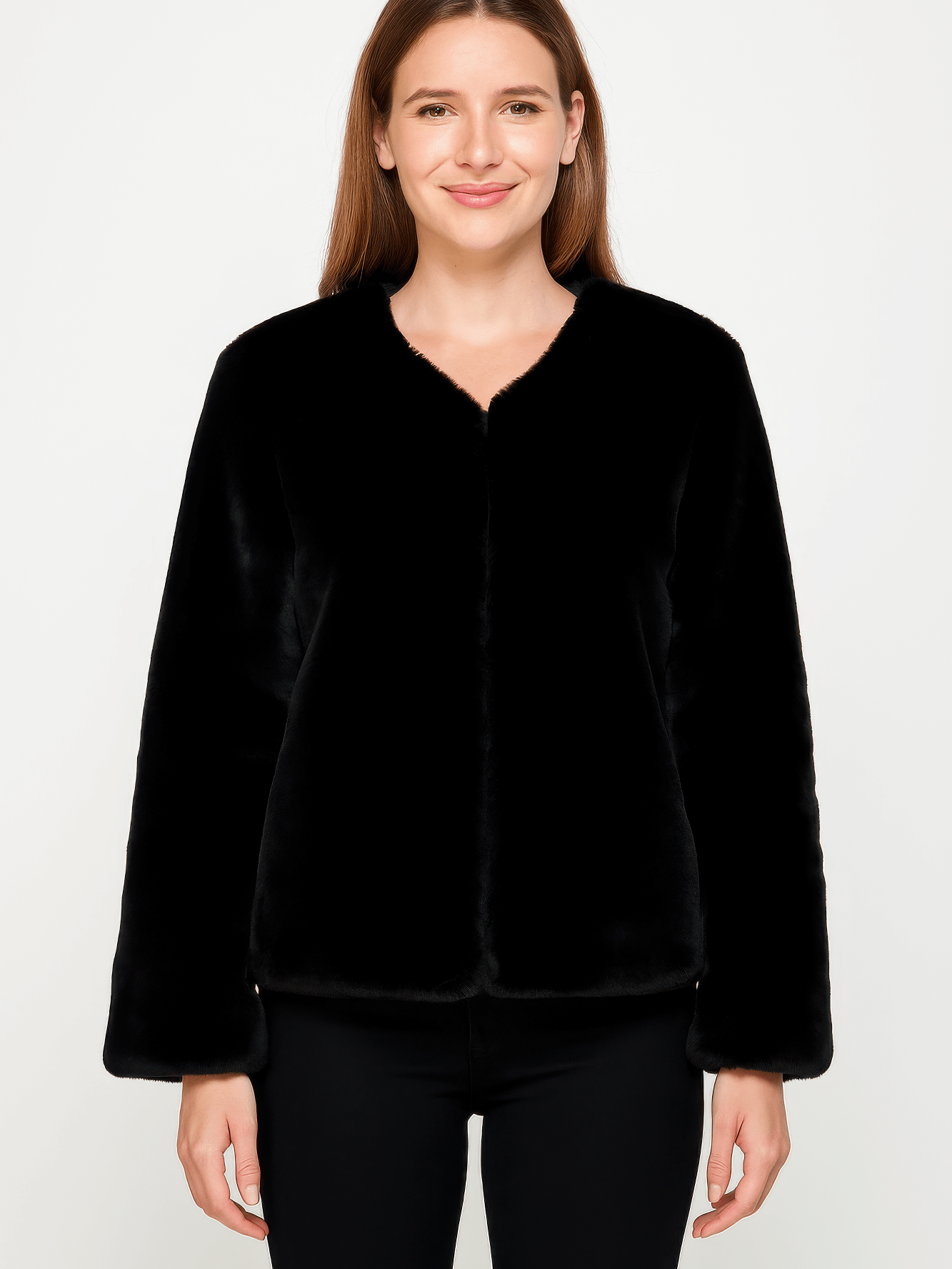 Model wearing a black Faux Fur Trim Cape, showcasing its elegant design and soft texture.