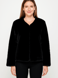 Model wearing a black Faux Fur Trim Cape, showcasing its elegant design and soft texture.