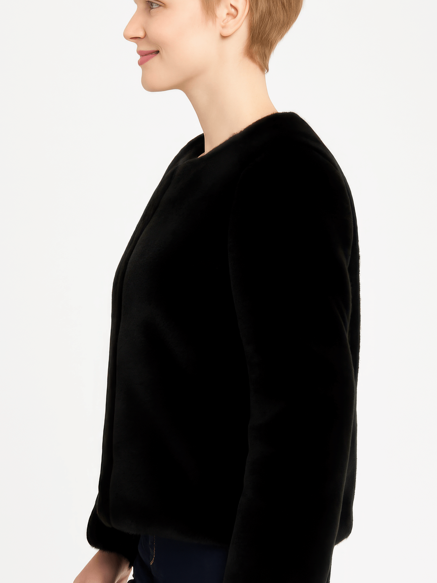 Model wearing a stylish black Faux Fur Trim Cape, showcasing its elegant silhouette and luxurious design.