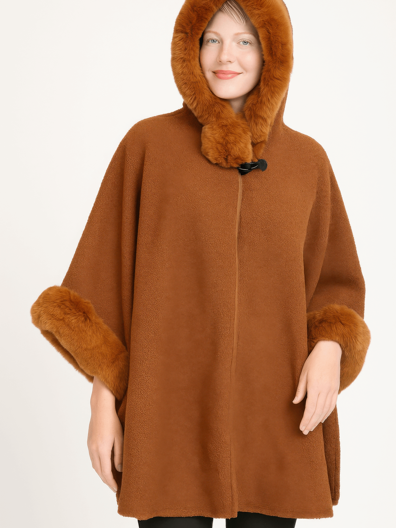 Hooded Faux Fur Trim Cape featuring plush faux fur trim and a cozy hood for winter elegance.