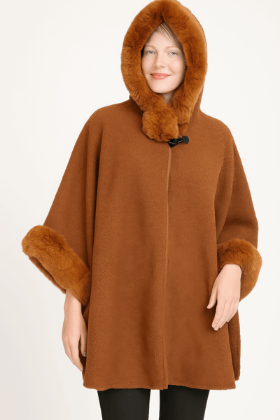 Hooded Faux Fur Trim Cape featuring plush faux fur trim and a cozy hood for winter elegance.