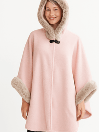 Hooded Faux Fur Trim Cape in soft pink with plush faux fur trim and hood, showcasing comfort and elegance.