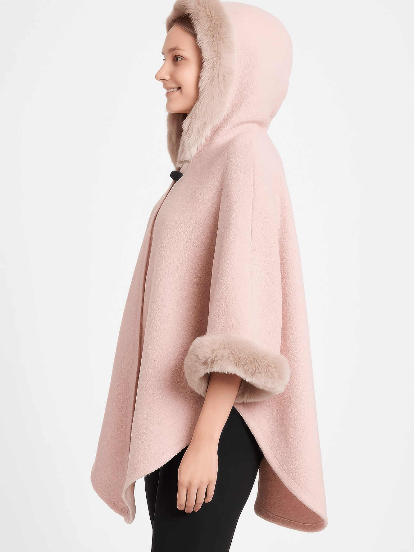 Hooded Faux Fur Trim Cape in soft pink, featuring a plush fur hood and stylish wide sleeves for elegant layering.