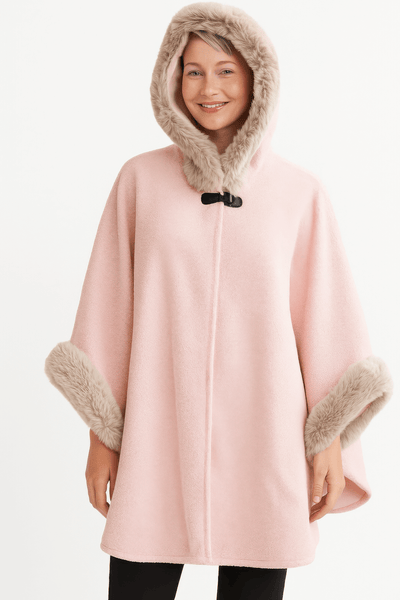 Hooded Faux Fur Trim Cape in soft pink with plush faux fur trim and hood, showcasing comfort and elegance.
