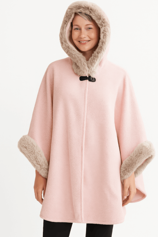Hooded Faux Fur Trim Cape in soft pink with plush faux fur trim and hood, showcasing comfort and elegance.