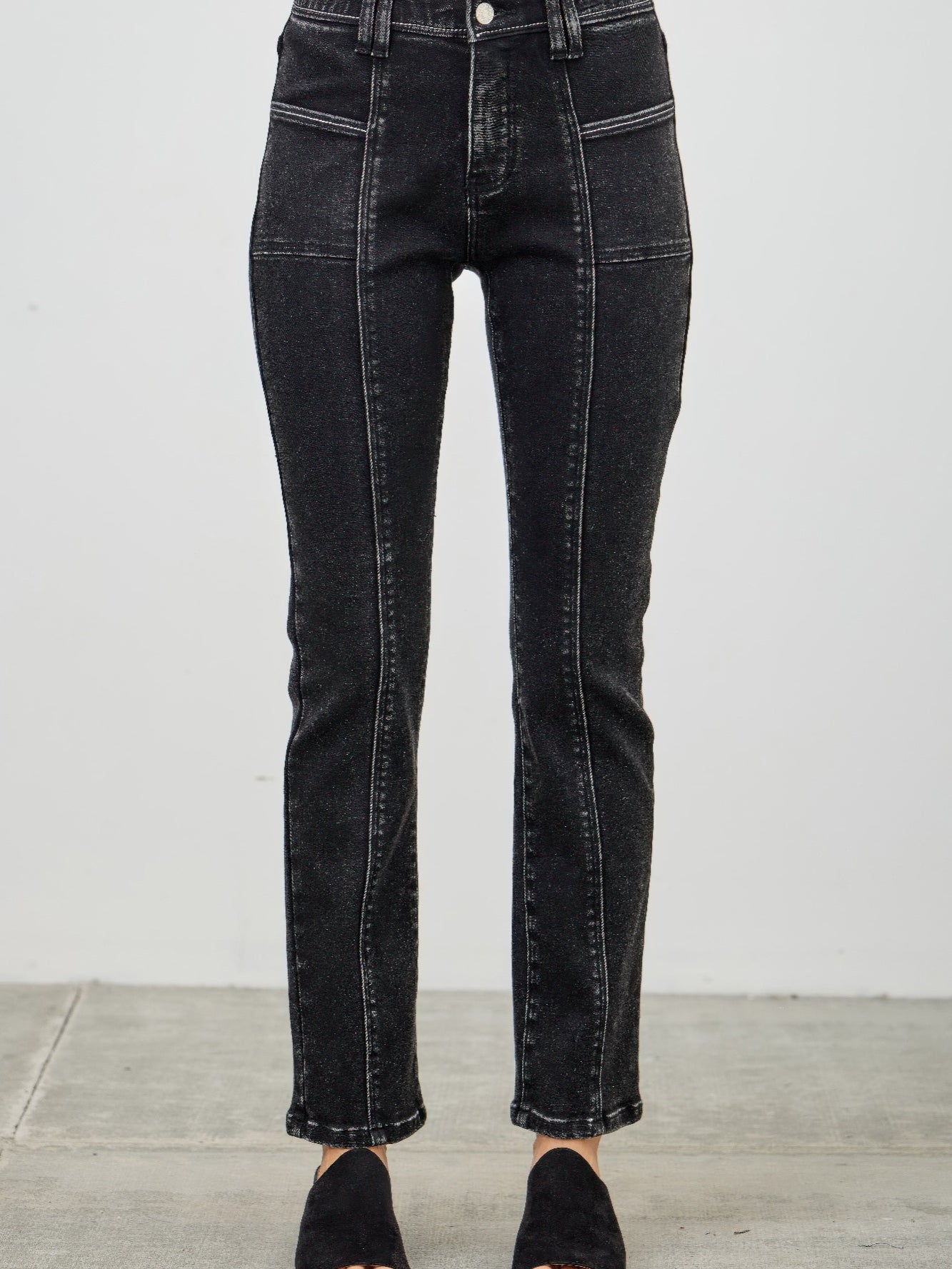 Mid Rise Slim Straight In Black Acid, slim straight jeans in black acid wash, flattering mid rise fit.