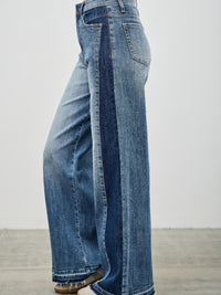 High Rise Wide Leg W/release Hem And Side Contrast showcasing a raw hem and side contrast paneling.