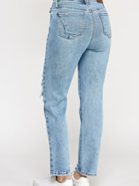 High Rise Button Fly Crop Slim Straight jeans showcasing back view with a slim straight leg in light wash denim.