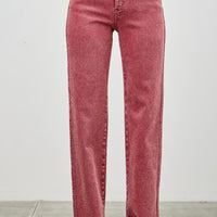 High Rise Slim Wide Straight jeans in a vibrant red color with a flattering high-rise fit and ankle length.