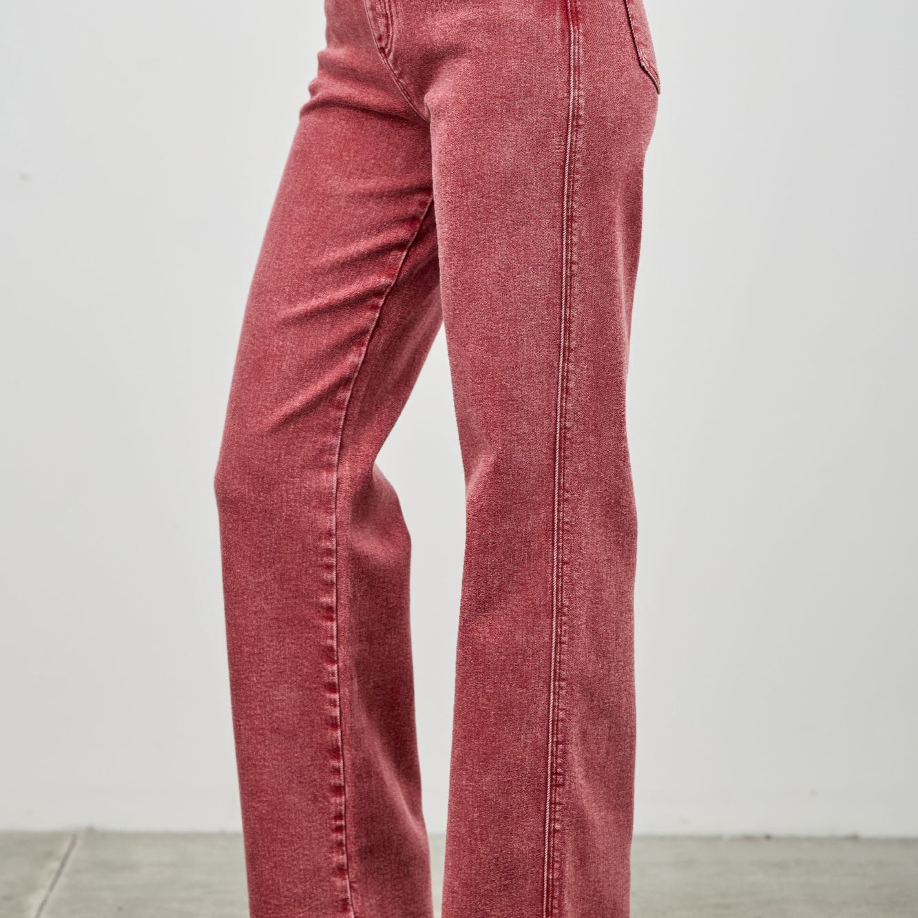 High Rise Slim Wide Straight jeans in red with a flattering high-rise waist and straight leg design.