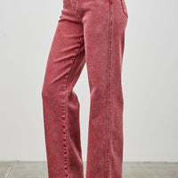 High Rise Slim Wide Straight jeans in red with a flattering high-rise waist and straight leg design.
