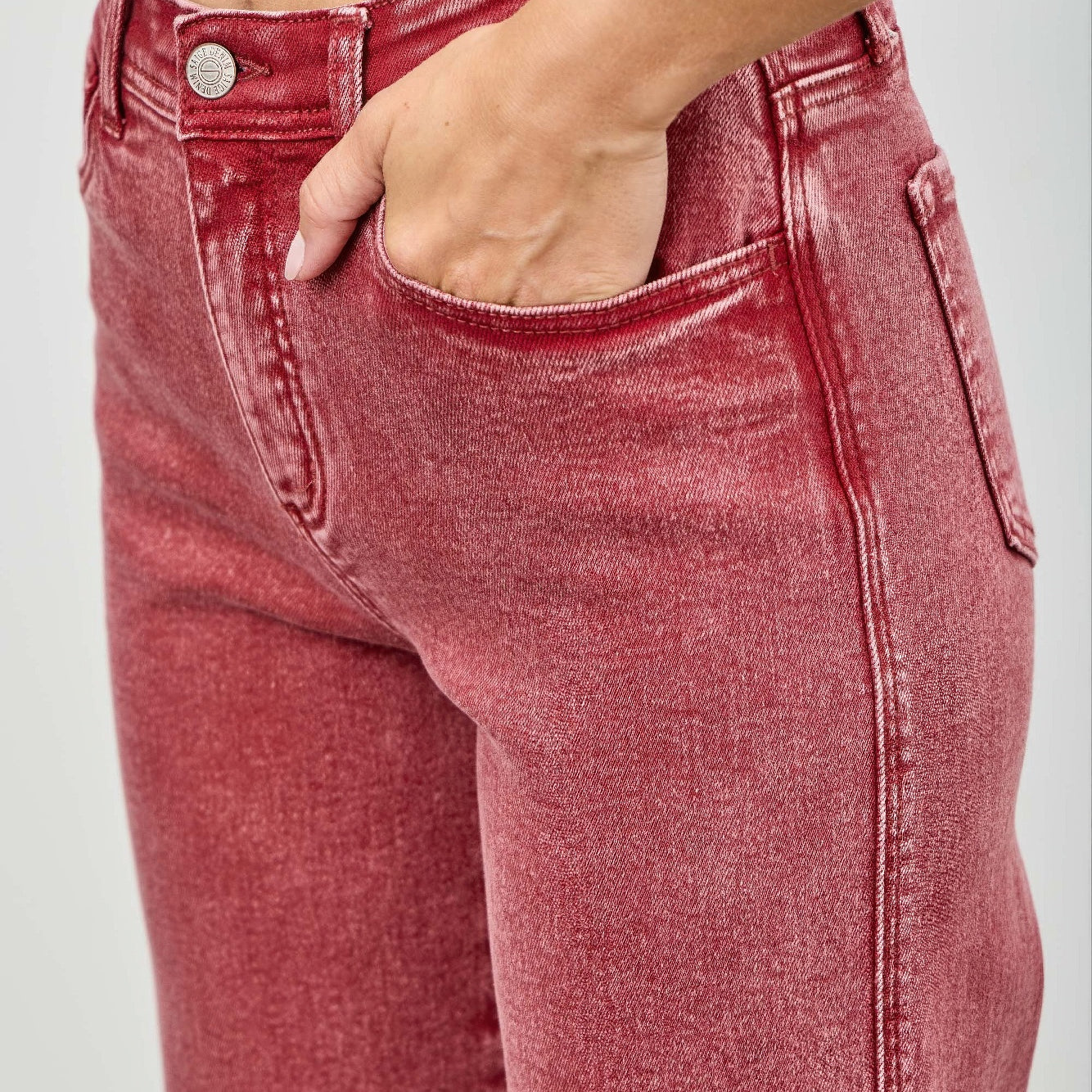 High Rise Slim Wide Straight jeans in a red fabric with a stylish high-rise waist and straight leg design.