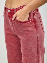 High Rise Slim Wide Straight jeans in a red fabric with a stylish high-rise waist and straight leg design.