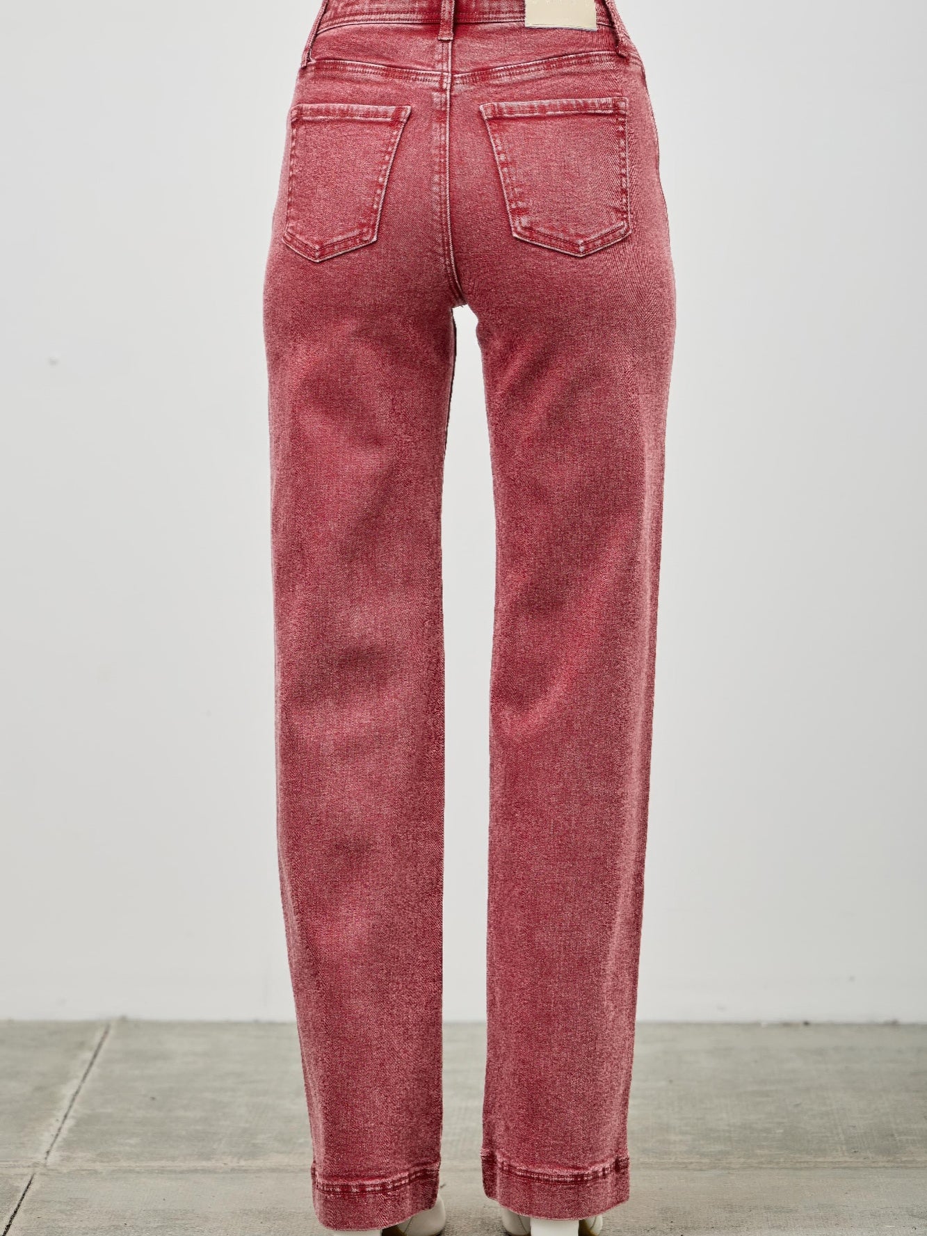 Back view of High Rise Slim Wide Straight jeans in red, featuring a flattering silhouette and ankle-length cut.