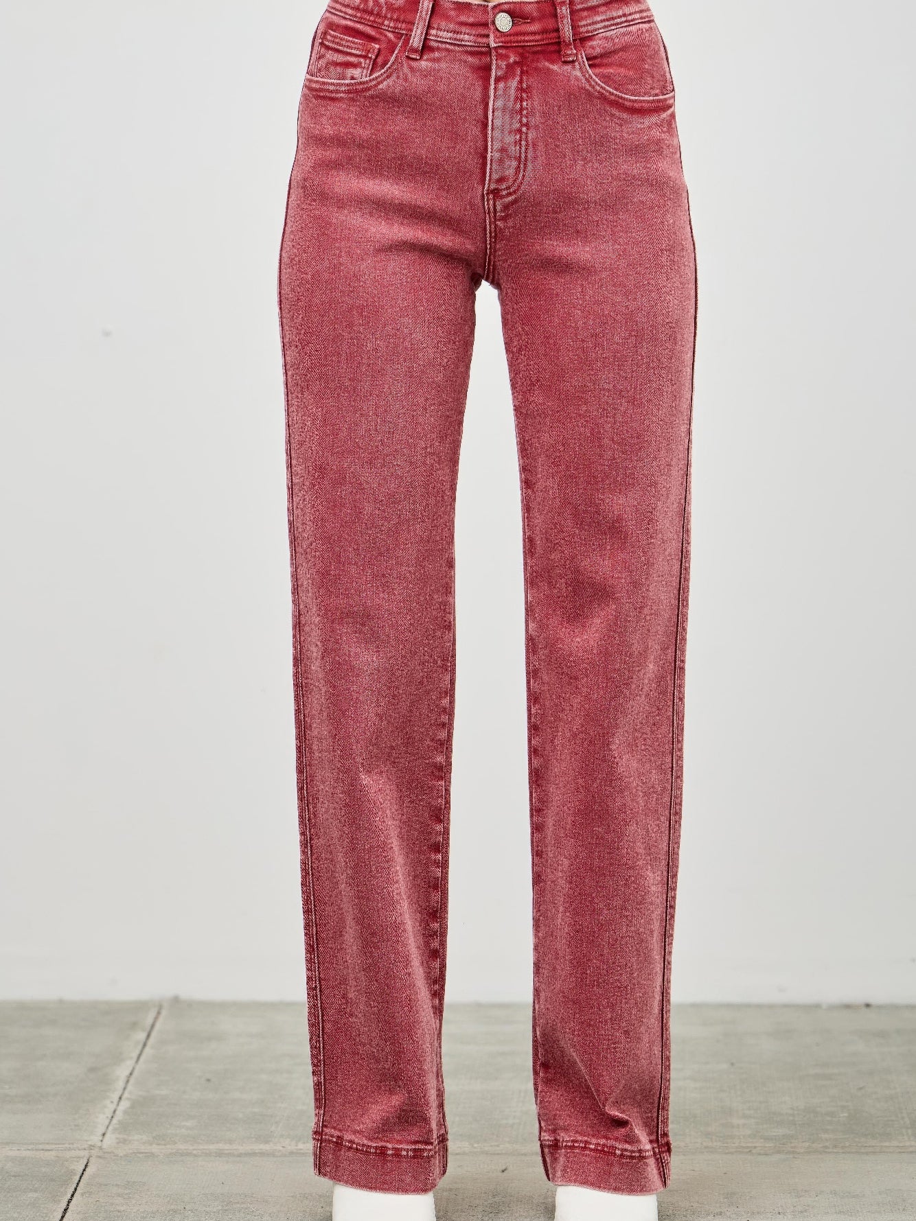 High Rise Slim Wide Straight jeans in red, featuring a flattering high-rise waist and straight leg design.