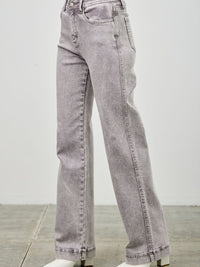 High Rise Slim Wide Straight jeans in soft gray fabric, featuring a flattering silhouette and ankle-length cut.