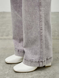 High Rise Slim Wide Straight jeans styled with trendy white heels, showcasing modern comfort and classic design.