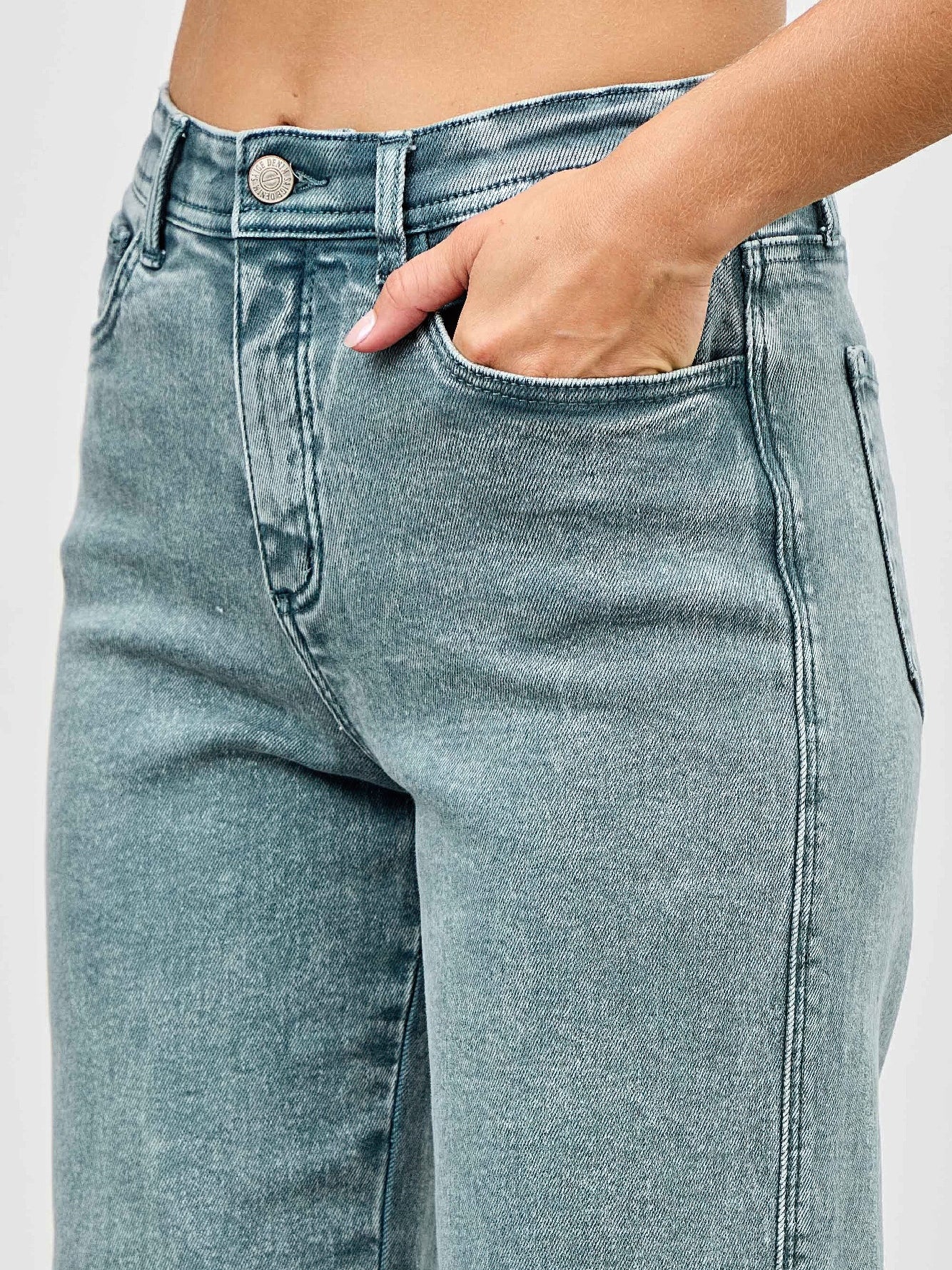 High Rise Slim Wide Straight jeans featuring a flattering high-rise waist and a slim fit through the hips.