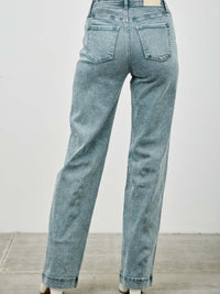 Back view of High Rise Slim Wide Straight jeans showcasing the stylish ankle-length and flattering fit.