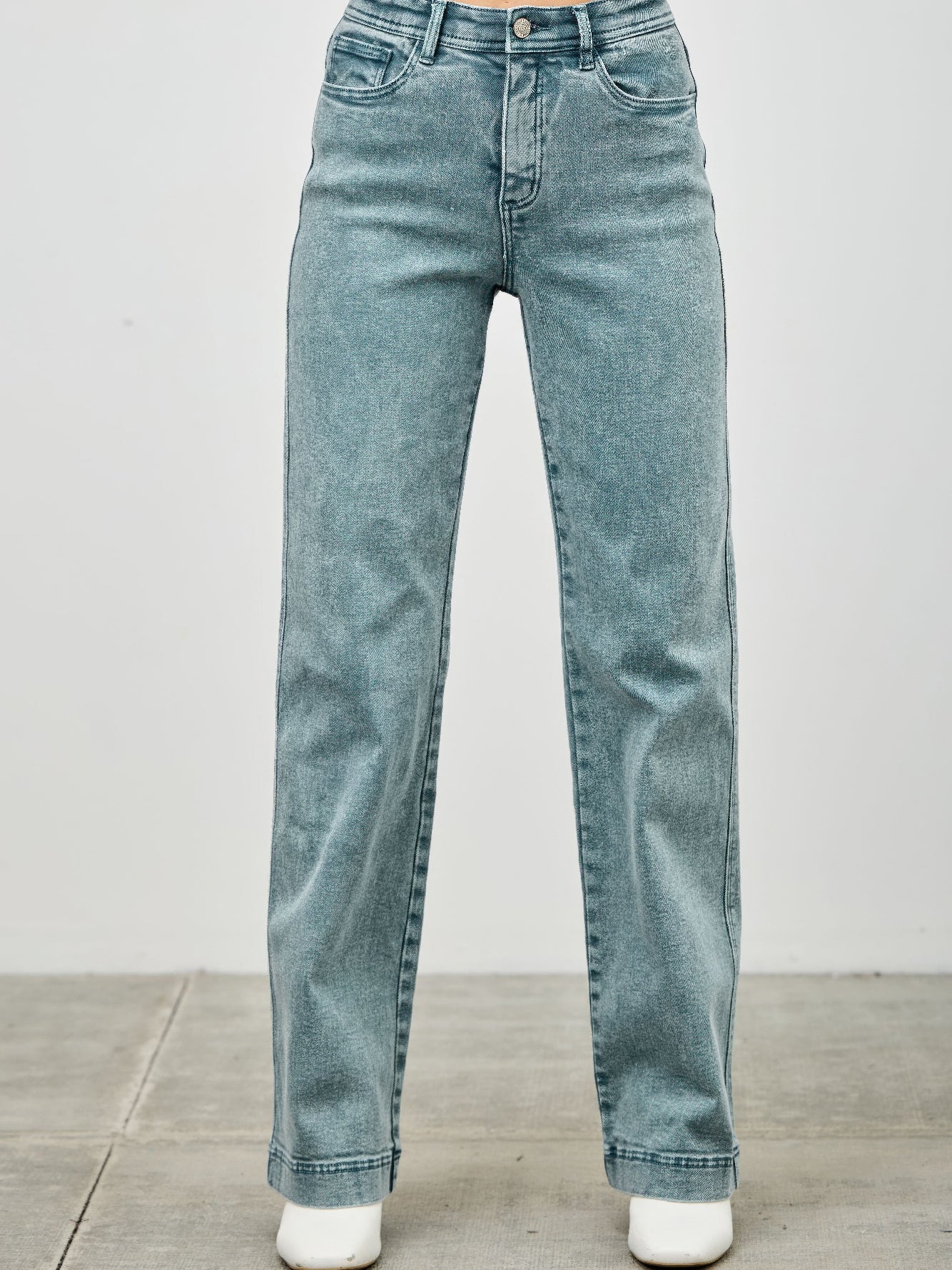 High Rise Slim Wide Straight jeans in light blue wash, featuring a high-rise waist and straight leg design.