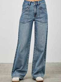 High Rise Double Pocket Wide Leg jeans with patched front pockets and wide leg silhouette, offering style and comfort.
