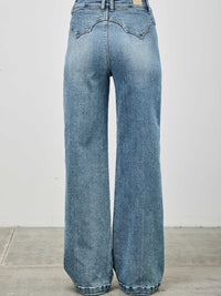 High Rise Double Pocket Wide Leg jeans showcasing a high-rise waist and wide leg silhouette from the back.