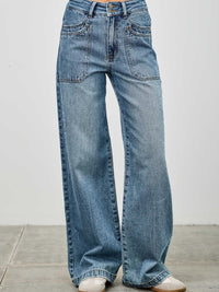 High Rise Double Pocket Wide Leg jeans featuring patched front pockets and a wide leg silhouette.