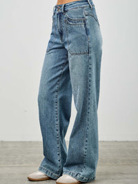 High Rise Double Pocket Wide Leg jeans featuring a wide leg silhouette and patched front pockets.