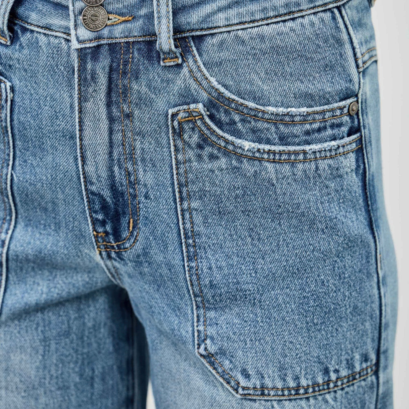 High Rise Double Pocket Wide Leg jeans featuring a high-rise waist, double front pockets, and a relaxed wide leg fit.
