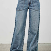 High Rise Double Pocket Wide Leg jeans with patched front pockets and a wide leg silhouette.
