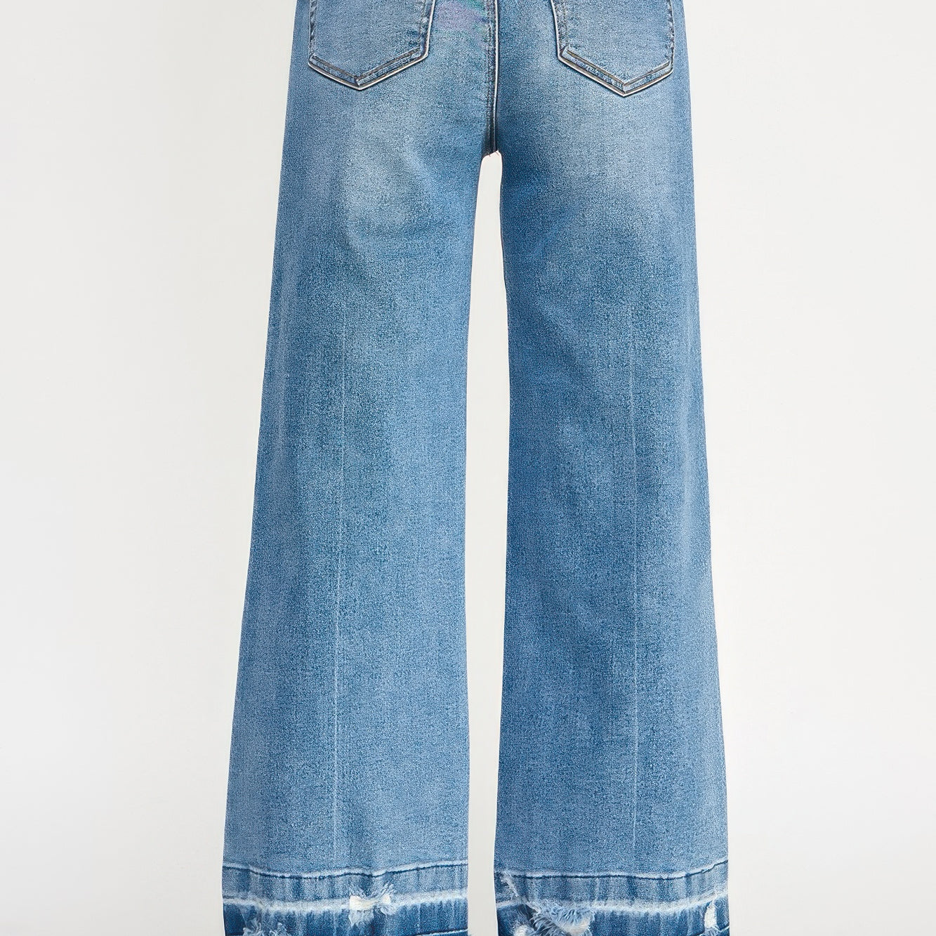 Tummy Control High Rise Crop Wide W/ Released Hem back view showing relaxed fit and distressed hem.