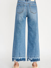 Tummy Control High Rise Crop Wide W/ Released Hem back view showing relaxed fit and distressed hem.