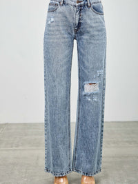Mid Rise Relaxed Straight With Destroy jeans featuring a light wash and distressed detailing, perfect for casual wear.
