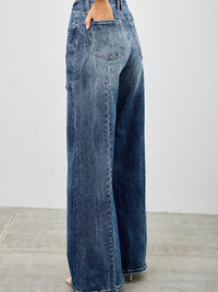 Mid Rise Wid Leg jeans in a relaxed fit with wide leg silhouette, showcasing modern style and comfortable denim blend.
