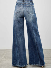 Back view of stylish Mid Rise Wid Leg jeans, featuring a wide leg silhouette and soft denim fabric.